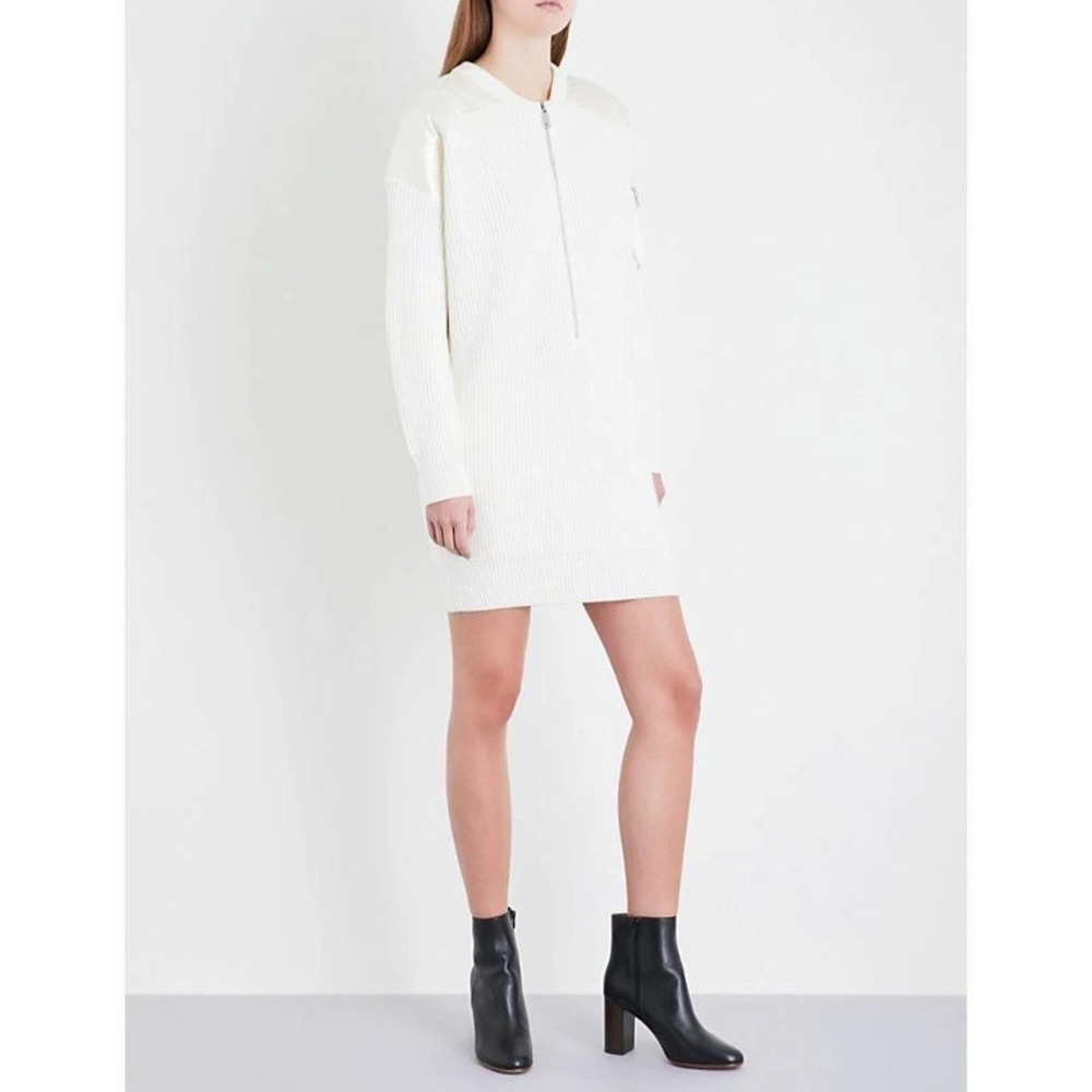 Maje x Schott NYC Mustang Ecru Ribbed Knit Bomber Sweater Dress Size 2 NEW